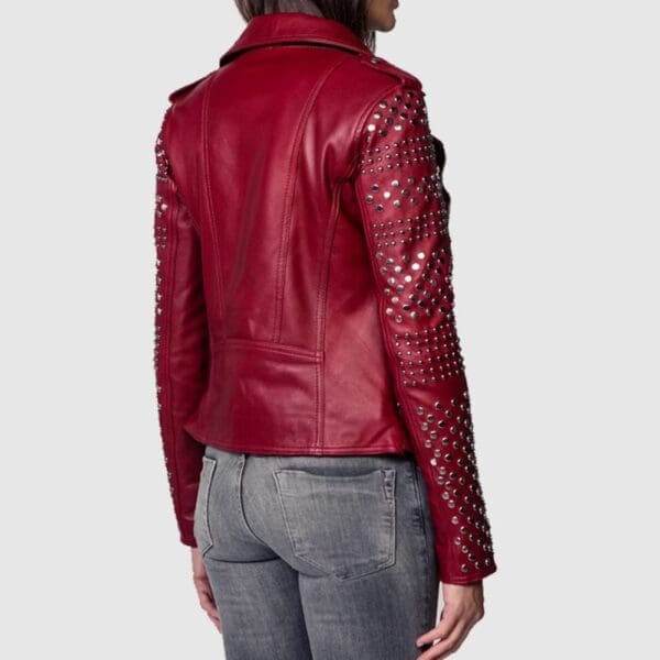 Women Burgundy Studded Leather Jacket - Image 2