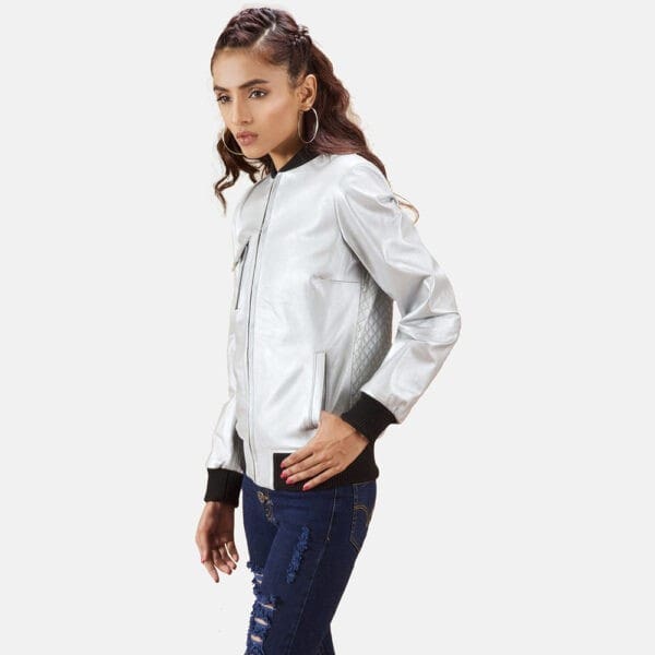 Silver Leather Jacket Women, Genuine Leather, Custom Jacket Co