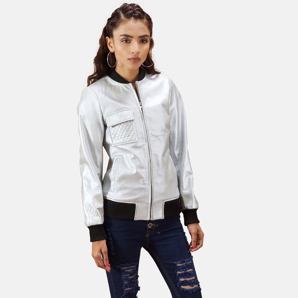 Silver Leather Jacket Women, Genuine Leather, Custom Jacket Co