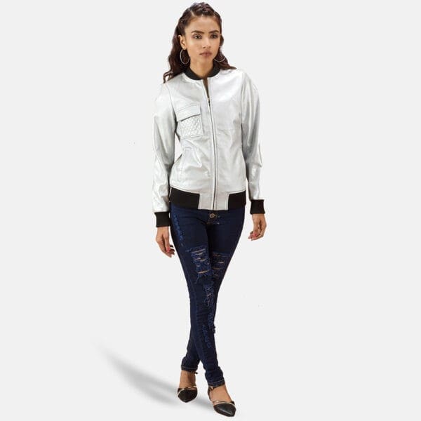 Silver Leather Jacket Women, Genuine Leather, Custom Jacket Co