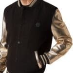 PHILIPP PLEIN WOOL COLLEGE BOMBER JACKET WITH LEATHER ARMS