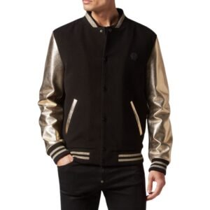 PHILIPP PLEIN WOOL COLLEGE BOMBER JACKET WITH LEATHER ARMS