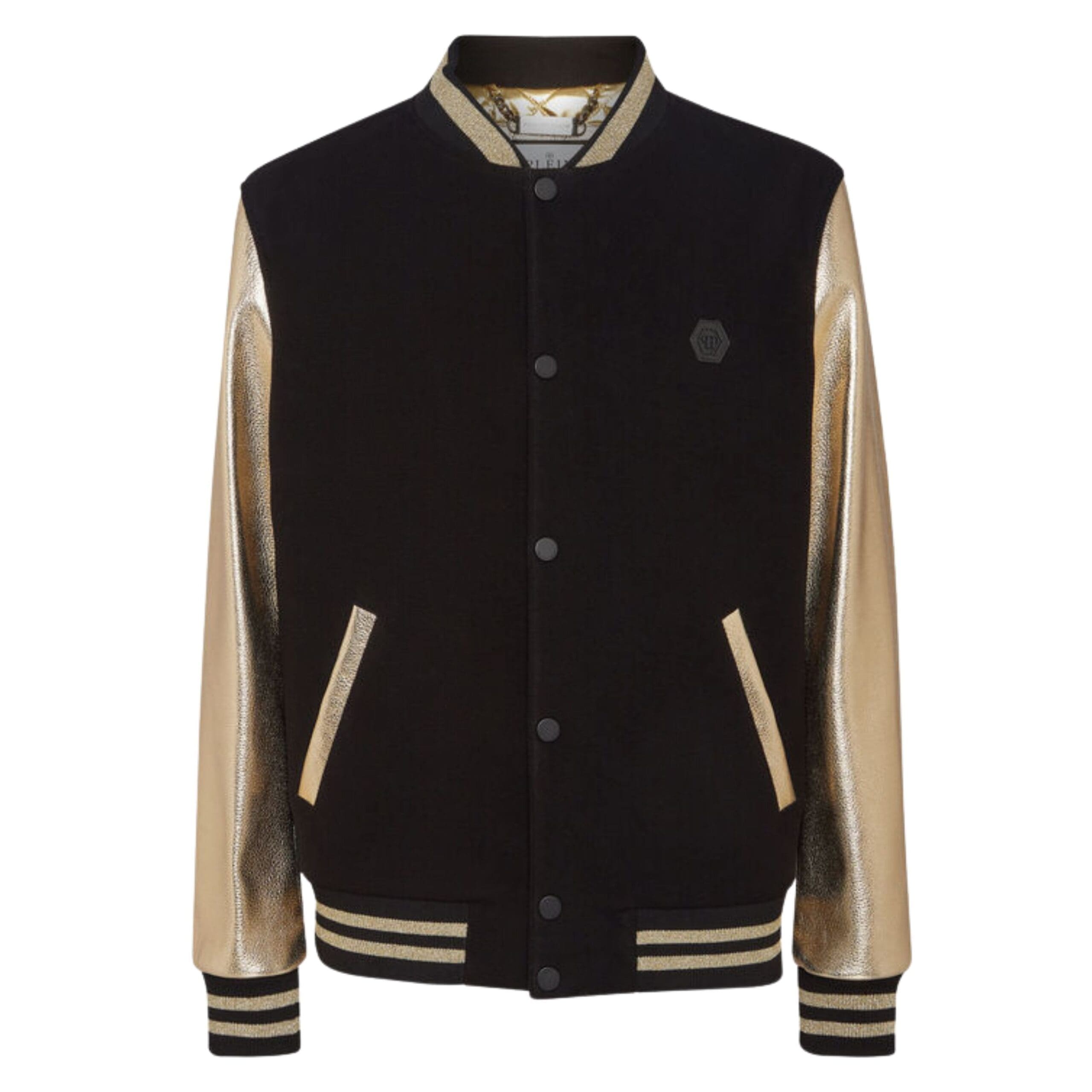 PHILIPP PLEIN WOOL COLLEGE BOMBER JACKET WITH LEATHER ARMS