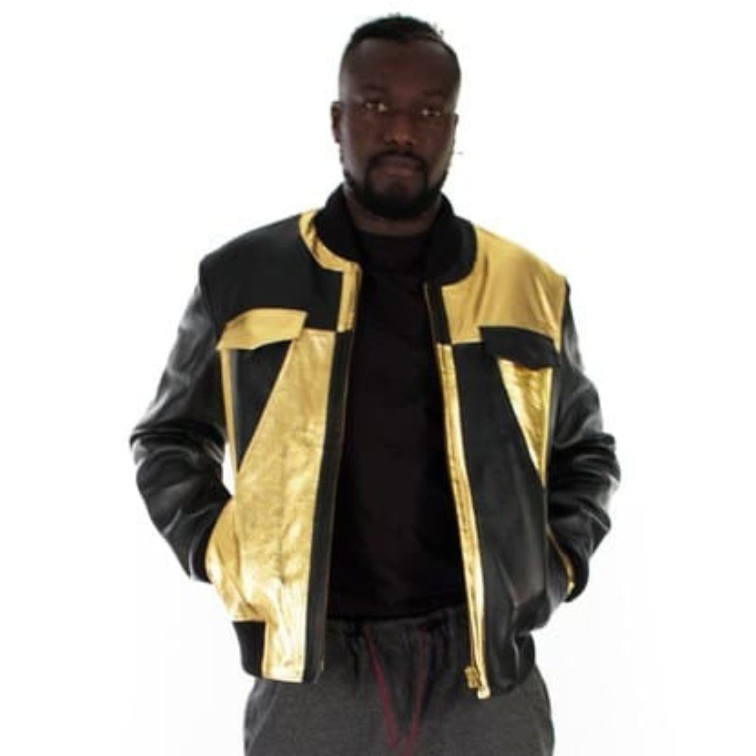 Black & Metallic Gold Bomber leather jacket