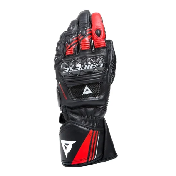 The Dainese Druid 4 leather racing gloves are an expression of the highest protection standards, designed for maximum performance on the track and the road. World Championship safety and ergonomics are guaranteed by the presence of the pre-curved and thermoformed sleeve, the carbon inserts on the knuckles and back, and the thermoplastic protector on the little finger. They are guaranteed to be resistant owing to the polyurethane inserts on the palm and joints, while four-way stretch ensures extreme comfort and a perfect fit at all times.
