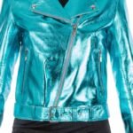 Metallic Turquoise Blue Women Leather Jacket