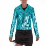Metallic Turquoise Blue Women Leather Jacket