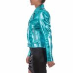 Metallic Turquoise Blue Women Leather Jacket