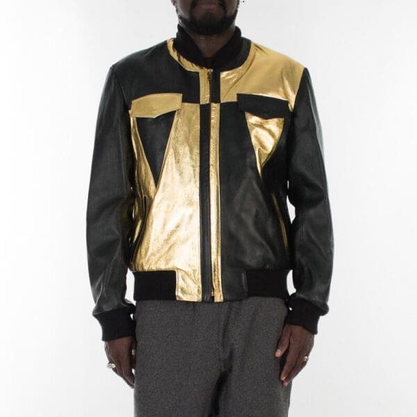 Black & Metallic Gold Bomber leather jacket