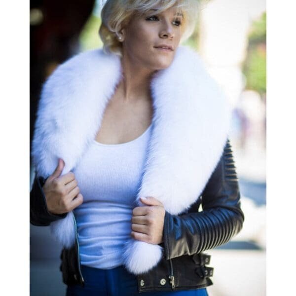WOMEN LEATHER BLACK BIKER RIBBLES WITH WHITE FOX FUR