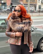 WOMEN LEATHER- WAX BROWN BIKER RIBBLES WITH MIX BROWN FOX FUR