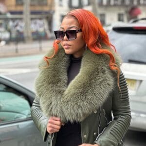 WOMEN LEATHER- OLIVE GREEN BIKER RIBBLES WITH FOX FUR