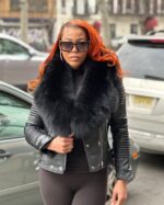 WOMEN LEATHER- BLACK BIKER RIBBLES WITH BLACK FOX FUR