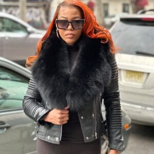 WOMEN LEATHER- BLACK BIKER RIBBLES WITH BLACK FOX FUR