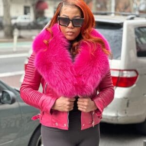 WOMEN LEATHER- PINK RIBBLES WITH PINK FOX COLLAR