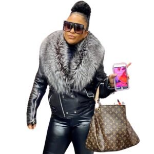 WOMEN LEATHER- BLACK BIKER RIBBLES WITH SLIVER FOX FUR