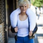 WOMEN LEATHER BLACK BIKER RIBBLES WITH WHITE FOX FUR