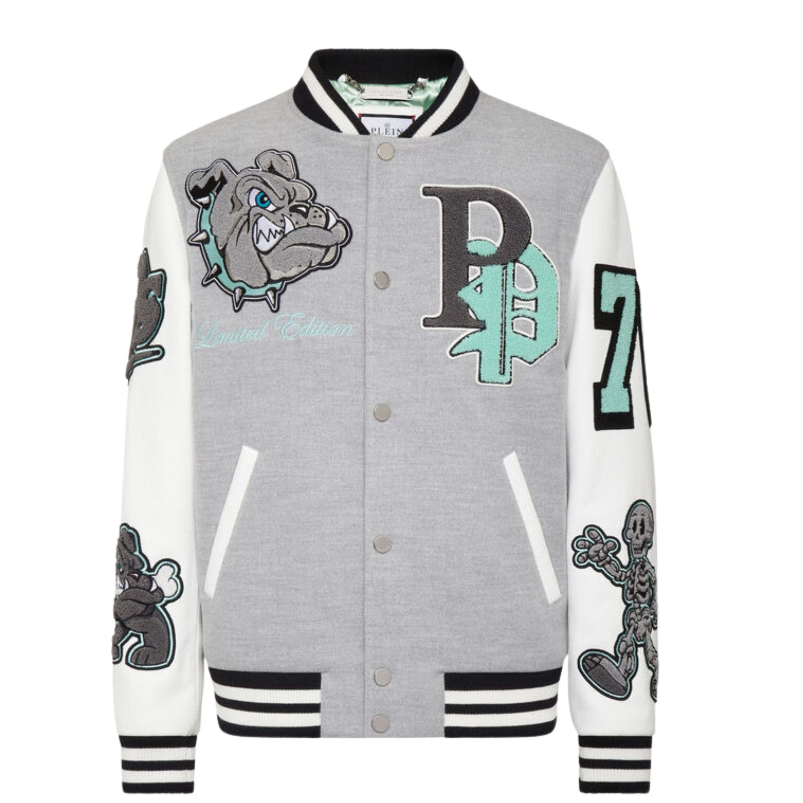 Philipp Plein WOOLEN CLOTH COLLEGE BOMBER WITH LEATHER ARMS BULLDOGS