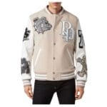 Philipp Plein WOOLEN CLOTH COLLEGE BOMBER WITH LEATHER ARMS BULLDOGS