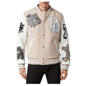 PHILIPP PLEIN WOOLEN CLOTH COLLEGE BOMBER WITH LEATHER ARMS BULLDOGS