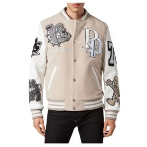 Philipp Plein WOOLEN CLOTH COLLEGE BOMBER WITH LEATHER ARMS BULLDOGS