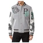 Philipp Plein WOOLEN CLOTH COLLEGE BOMBER WITH LEATHER ARMS BULLDOGS