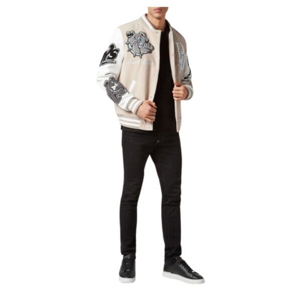Philipp Plein WOOLEN CLOTH COLLEGE BOMBER WITH LEATHER ARMS BULLDOGS