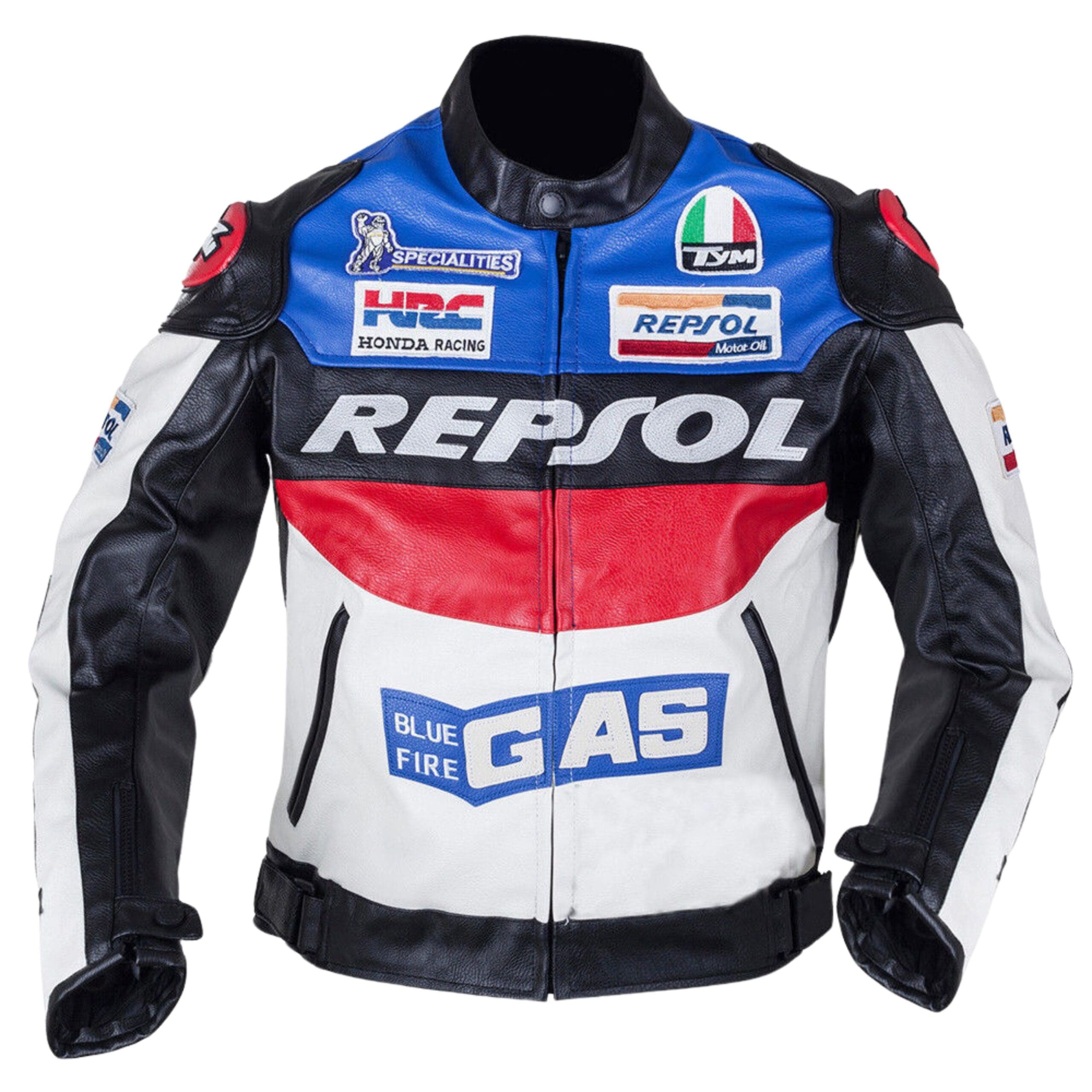 REPSOL BLUE FIRE GAS MOTORBIKE RIDER'S RACING LEATHER JACKET