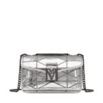 MCM SMALL TRAVIA QUILTED SHOULDER BAG IN CRASH CALF LEATHER SILVER