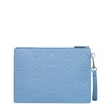 MCM MEDIUM AREN WRISTLET ZIP POUCH IN MAXI MONOGRAM LEATHER BLUE