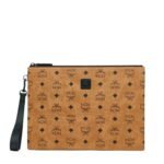 MCM MEDIUM AREN WRISTLET ZIP POUCH IN VISETOS COGNAC