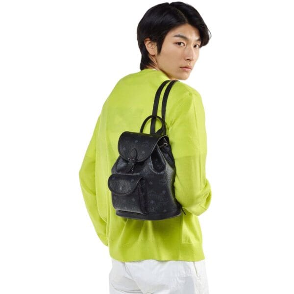 MCM MINI AREN DRAWSTRING BACKPACK IN VISETOS BLACK