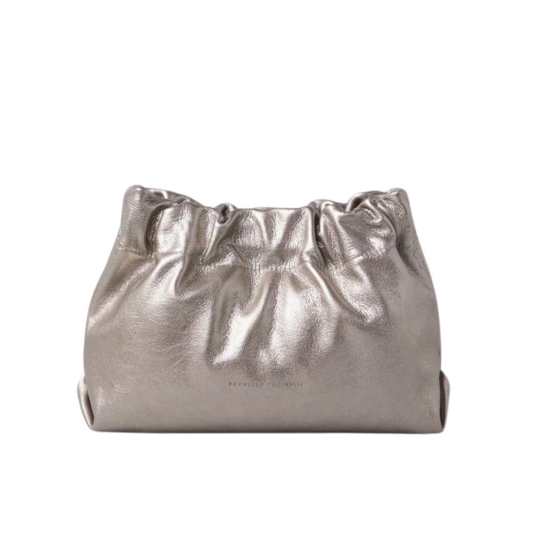 BRUNELLO CUCINELLI LAMÉ CALFSKIN SOFT BAG WITH PRECIOUS CHAIN