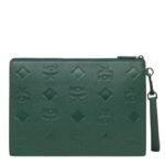 MCM MEDIUM AREN WRISTLET ZIP POUCH IN MAXI MONOGRAM LEATHER GREEN