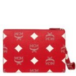 MCM Small Wristlet Zip Pouch w/ Chain Strap in Maxi Visetos Candy Red