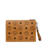 MCM MEDIUM AREN WRISTLET ZIP POUCH IN MAXI VISETOS COGNAC