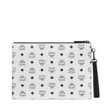 MCM MEDIUM AREN WRISTLET ZIP POUCH IN VISETOS WHITE