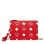 MCM Small Wristlet Zip Pouch w/ Chain Strap in Maxi Visetos Candy Red