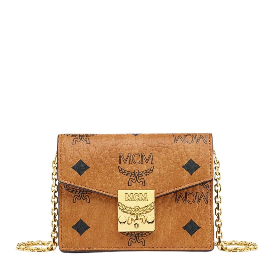 MCM MINI TRACY CHAIN CARD WALLET IN VISETOS COGNAC