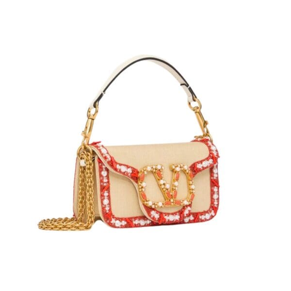 SMALL VALENTINO GARAVANI LOCÒ RAFFIA SHOULDER BAG WITH EMBROIDERED TRIM - Image 3