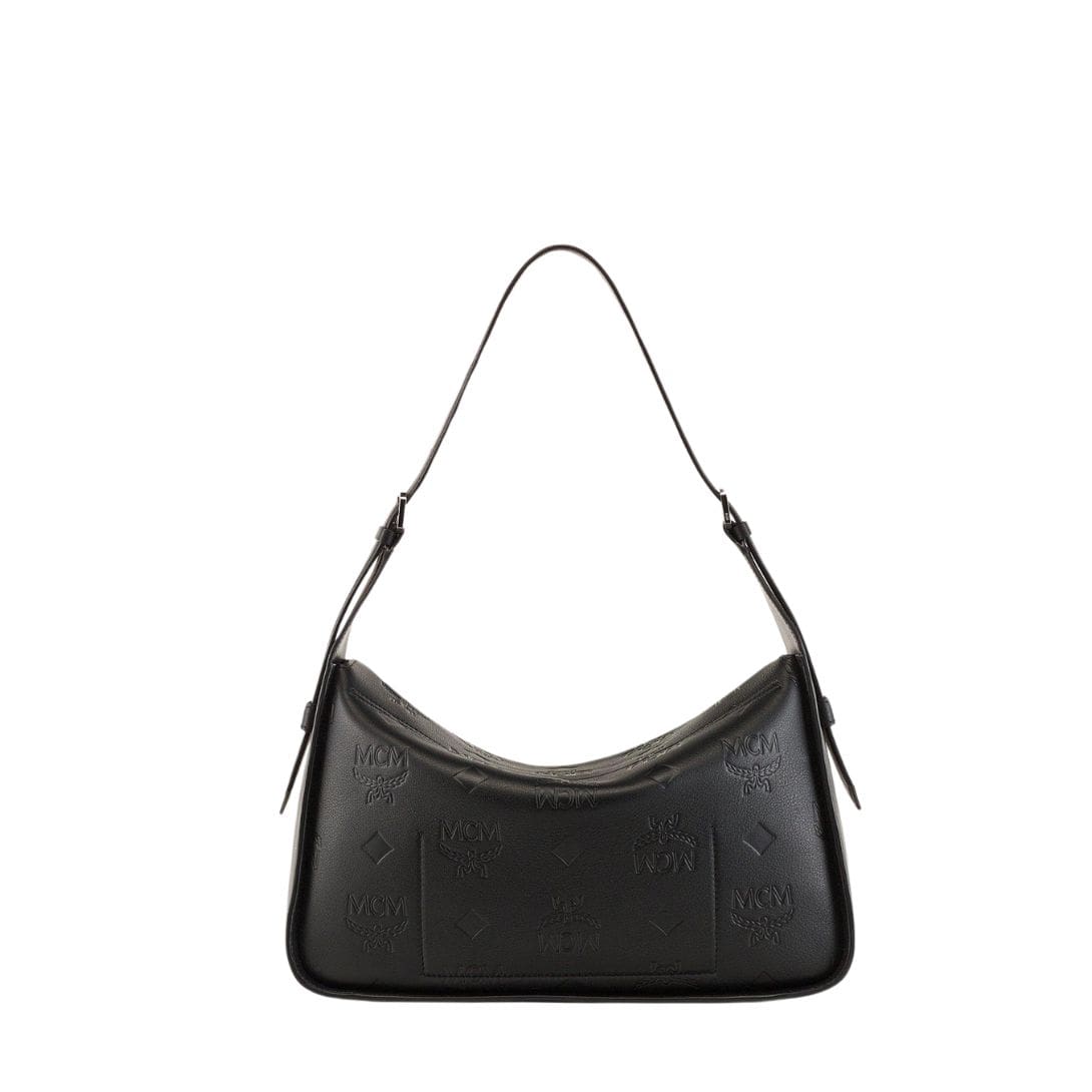MCM MEDIUM AREN FLAP HOBO BAG IN EMBOSSED MONOGRAM LEATHER BLACK