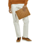 MCM MEDIUM WRISTLET ZIP POUCH IN VISETOS ORIGINAL COGNAC