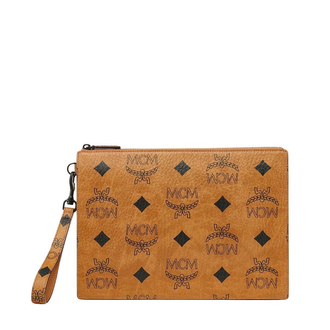 MCM MEDIUM AREN WRISTLET ZIP POUCH IN MAXI VISETOS COGNAC