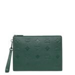 MCM MEDIUM AREN WRISTLET ZIP POUCH IN MAXI MONOGRAM LEATHER GREEN