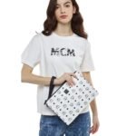 MCM MEDIUM AREN WRISTLET ZIP POUCH IN VISETOS WHITE
