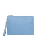 MCM MEDIUM AREN WRISTLET ZIP POUCH IN MAXI MONOGRAM LEATHER BLUE