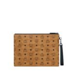 MCM MEDIUM AREN WRISTLET ZIP POUCH IN VISETOS COGNAC