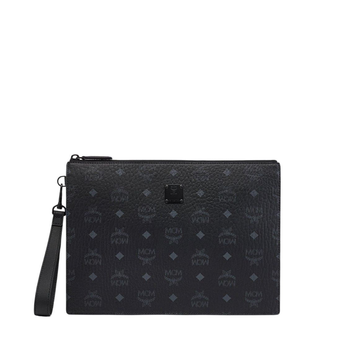 MCM MEDIUM AREN WRISTLET ZIP POUCH IN VISETOS BLACK