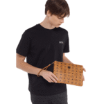 MCM MEDIUM WRISTLET ZIP POUCH IN VISETOS ORIGINAL COGNAC