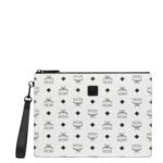 MCM MEDIUM AREN WRISTLET ZIP POUCH IN VISETOS WHITE